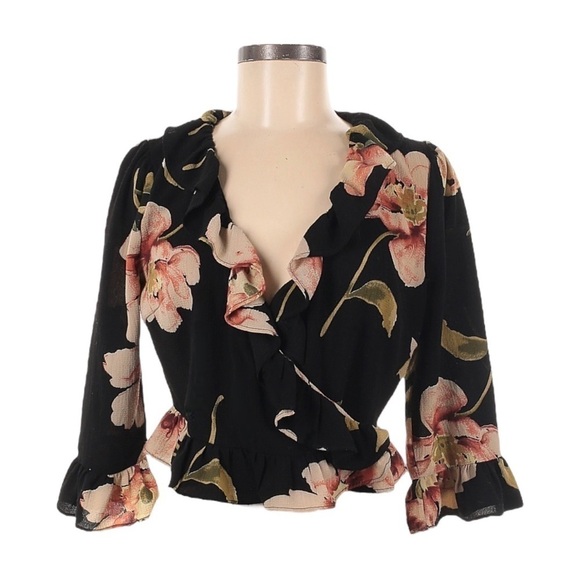 LF Seek The Label Floral Boho Black Ruffled Faux Wrap Crepe Crop Top Size S - Picture 1 of 11